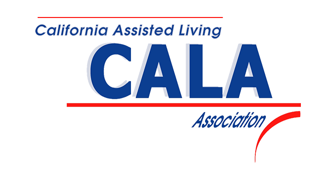 Logo of California Assisted Living Association (CALA) with blue text and red accents. Highlights the services offered in assisted living within California.