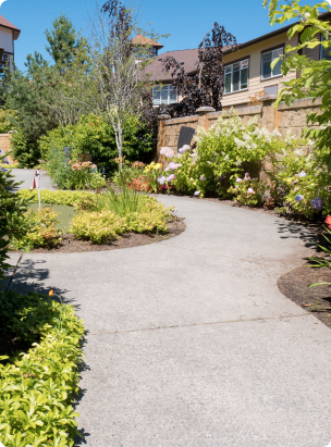 A winding garden path surrounded by colorful flowers and lush greenery leads to a beige building under a clear blue sky.