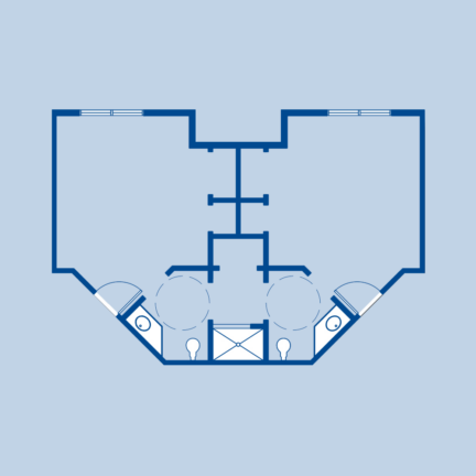 Simple blueprint of a symmetrical layout with two adjacent rooms, central hallway, and circular seating areas, featuring compact functional elements.