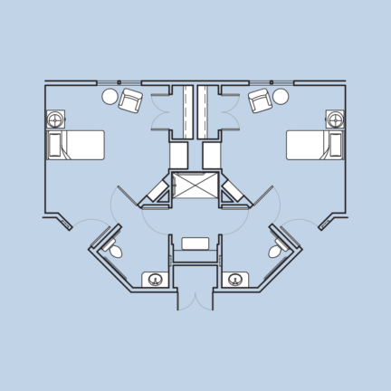 Blueprint of a symmetrical hotel room layout with two beds, chairs, amenities, and en-suite bathrooms, designed for comfort and convenience.