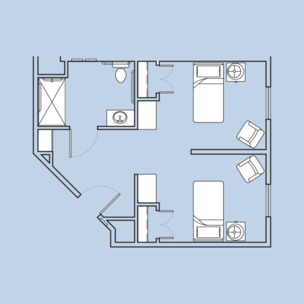 A blueprint displaying a two-bedroom layout with individual beds, shared bathroom, and basic furniture against a light blue background.