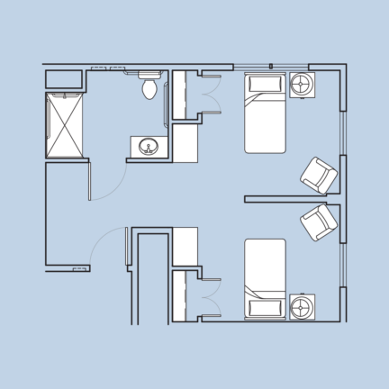 Floor plan of a small apartment featuring two beds, a bathroom with shower, two chairs, a sink, and light blue background.