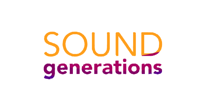 Logo with "SOUND" in orange and "generations" in purple on a transparent background. Text is bold and clear.