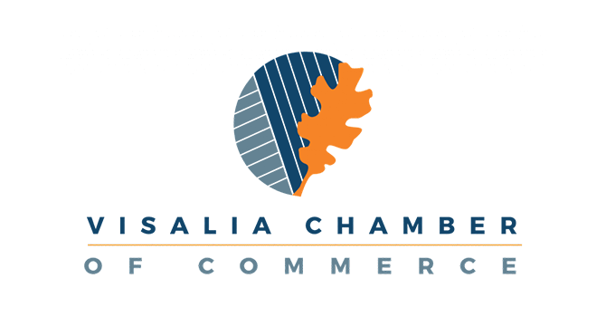 Logo of Visalia Chamber of Commerce features an orange leaf and striped blue semicircle, symbolizing business and community partnership in Visalia.