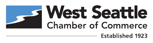 Logo of West Seattle Chamber of Commerce featuring stylized wave design and text indicating establishment in 1923 against a white background.