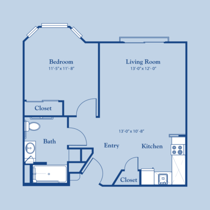 Floor plan of a one-bedroom apartment with a living room, kitchen, bathroom, and two closets, featuring square footage annotations.