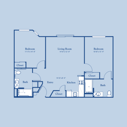 A two-bedroom apartment floor plan features a living room, kitchen, two bathrooms, closets, and an entryway, with labeled dimensions.