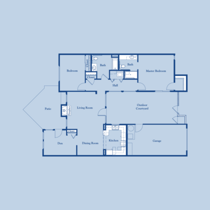 Floor plan with two bedrooms, den, kitchen, dining and living rooms, bathrooms, garage, patio, and outdoor courtyard on a blue background.