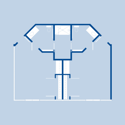 Blueprint depicting a schematic layout of a public restroom with accessible stalls, sinks, and separate privacy sections, outlined in blue on light background.