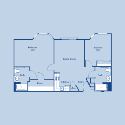 A two-bedroom apartment floor plan featuring a living room, kitchen, entryway, two bathrooms, and closets, with labeled square footage for bedrooms.