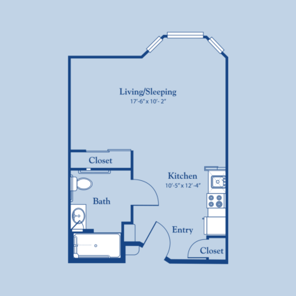 Apartment floor plan showing a living/sleeping area, kitchen, bath, and closets. The design includes entryway and specific measurements for each section.