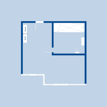 This is a floor plan layout with a closet, shelf, and bathroom, showcasing walls and doorways on a light blue background.