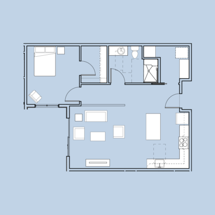 Floor plan of a one-bedroom apartment showing a living area, kitchen, bathroom, and bedroom. Simple layout with modern amenities.