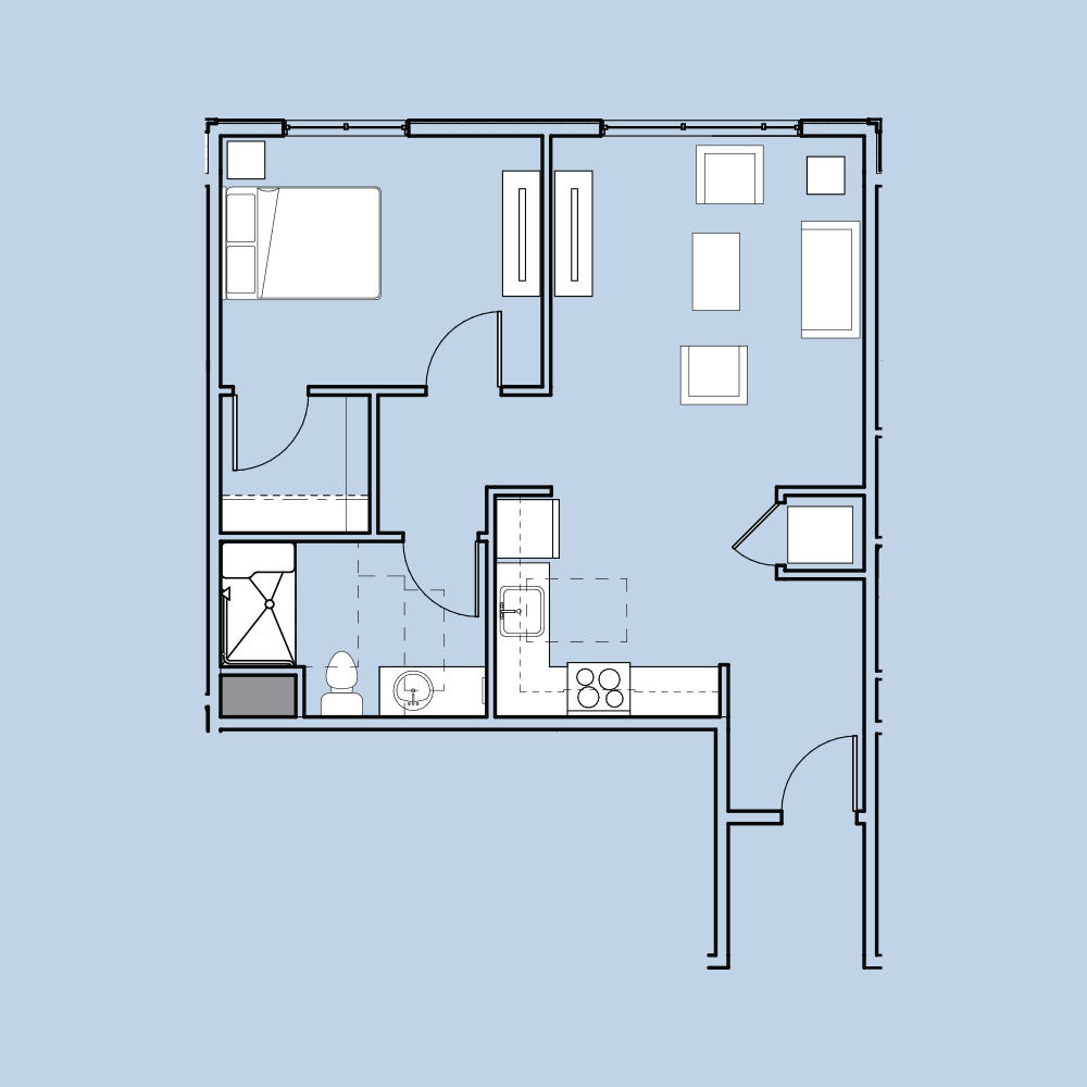 A one-bedroom apartment floor plan featuring a combined living and dining area, kitchen, bathroom, and entryway, designed for efficient space use.