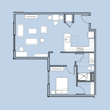 Floor plan of a one-bedroom apartment with an open living area, kitchen, bathroom, and bedroom. Compact layout with modern features.