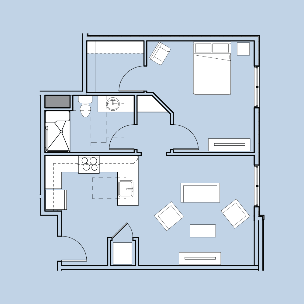 Blueprint of an apartment featuring a bedroom, living room, kitchen, bathroom, and entrance area. Functional furniture layout on a light blue background.