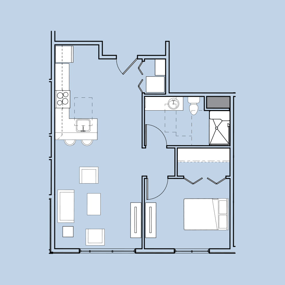 A one-bedroom apartment floor plan featuring an open living area, kitchen, and bathroom, designed within a compact, efficient layout.