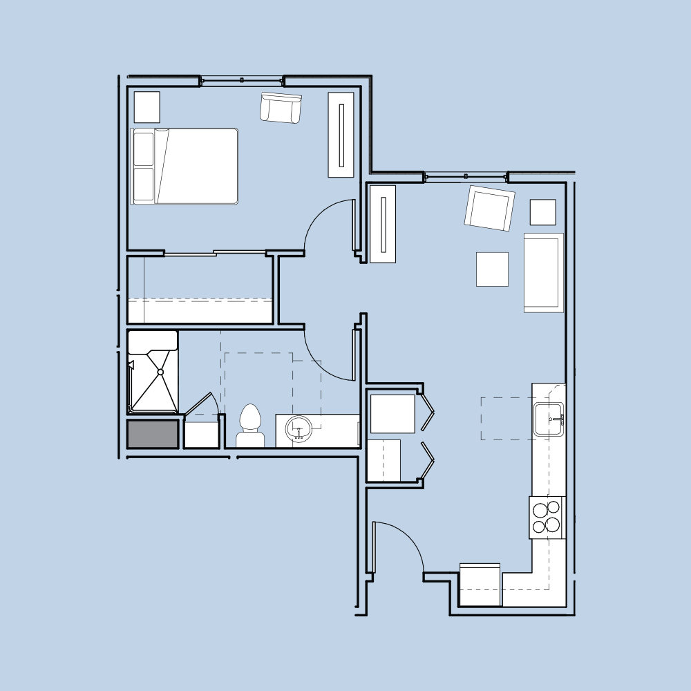 The image shows a simple apartment floor plan with a bedroom, living room, kitchen, and bathroom, all clearly labeled and outlined.