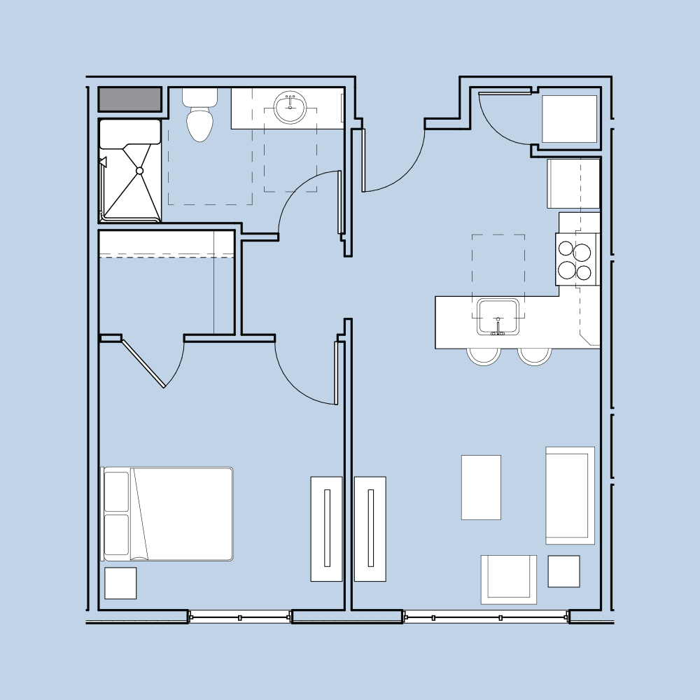 A one-bedroom apartment floor plan with kitchen, living area, and bathroom, featuring a practical layout with modern amenities and open spaces.