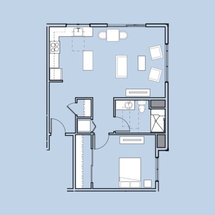 Simple one-bedroom apartment floor plan with kitchen, living area, bathroom, and bedroom, featuring minimal furniture layout, set against a light blue background.