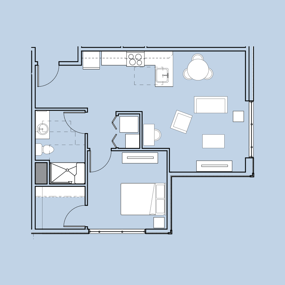 The image depicts a one-bedroom apartment floor plan featuring a living area, kitchen, bathroom, and bedroom, with furniture layout suggestions.