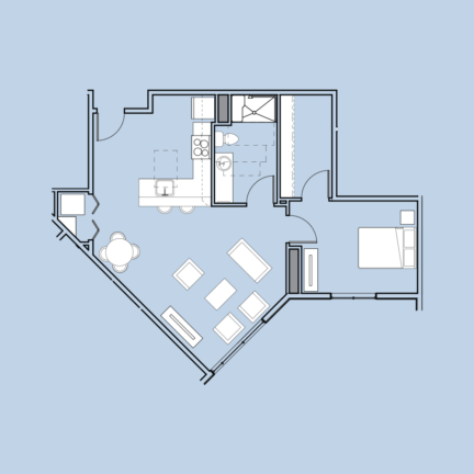 Floor plan of a one-bedroom apartment featuring a kitchen, bathroom, living area, and dining space, with simple furniture arrangement on a blue background.