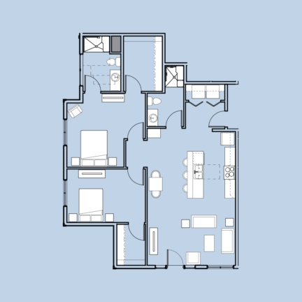 Blueprint of a two-bedroom apartment includes kitchen, dining area, living room, two bathrooms, and storage spaces against a light blue background.