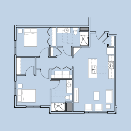 The image is a floor plan with two bedrooms, two bathrooms, kitchen, and living room. Includes closets and a dining area.