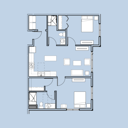 Floor plan of a two-bedroom apartment with two bathrooms, kitchen, and living area. Rooms are labeled, illustrating layout on a blue background.