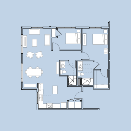 A two-bedroom apartment floor plan features a kitchen, living room, dining area, two bathrooms, and ample storage space.