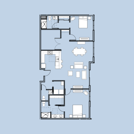 Floor plan showing three bedrooms, two bathrooms, a kitchen, dining, and living area. Minimalist design with labeled utilities and open layout.