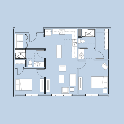 This is a blueprint of a two-bedroom apartment featuring a kitchen, two bathrooms, living room, and a small dining area with labeled fixtures.