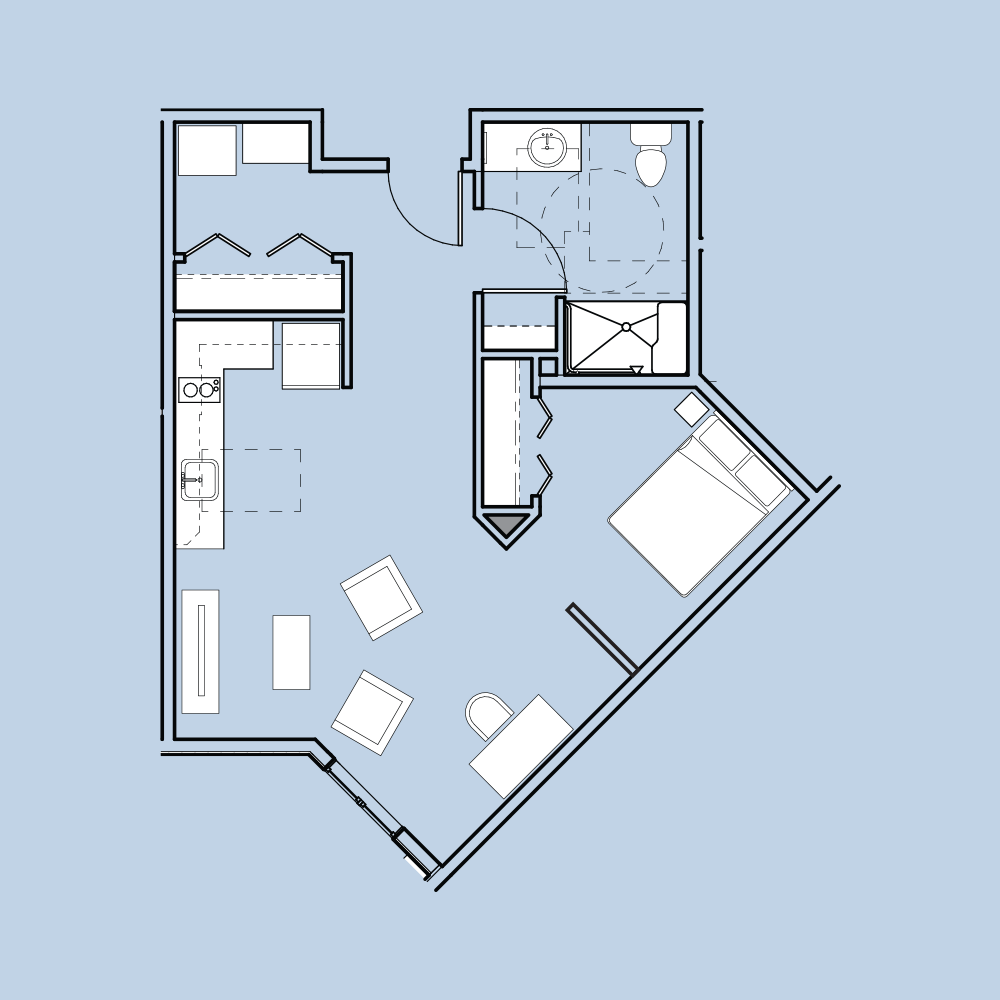 This image is a floor plan of a one-bedroom apartment featuring a kitchen, living room, bedroom, and bathroom, designed with efficient space use.