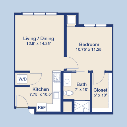 A floor plan of an apartment with a living/dining area, bedroom, kitchen, bathroom, and closet. Dimensions in feet are labeled for each room.