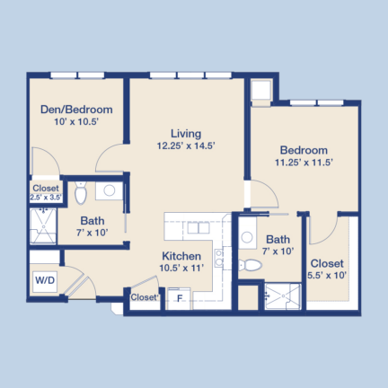 This is a floor plan featuring a den, living room, bedroom, kitchen, two bathrooms, and closets. Includes washer/dryer space.