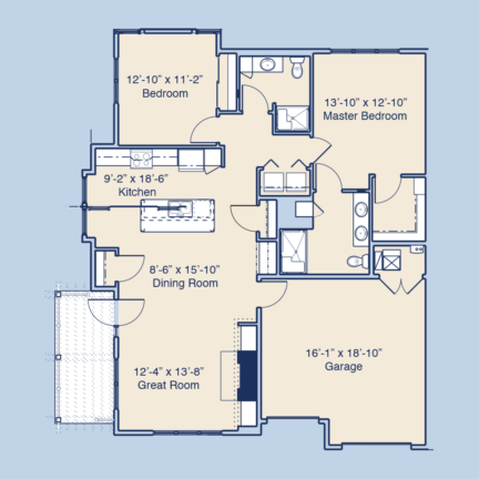 A home floor plan features bedrooms, bathrooms, kitchen, dining room, great room, and garage, with precise dimensions for each space clearly labeled.