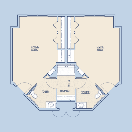 Blueprint layout featuring two living areas, central shower, and two toilets on a symmetrical design, with a subtle blue background.