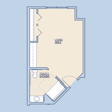 This is a floor plan of a small apartment featuring a living area and combined toilet/shower space, with a door for entry.