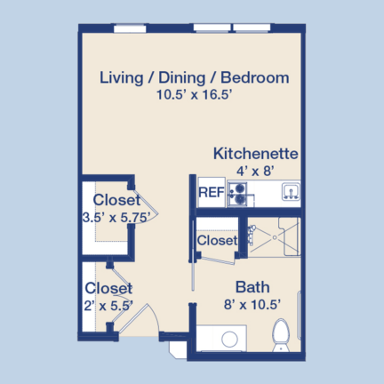 Studio apartment floor plan features multi-purpose living area, kitchenette, bathroom, and three closets. Compact and efficient design for minimalistic living.