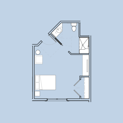 Simple floor plan of a small bedroom with bathroom, bed, desk, wardrobe, and window. Efficient layout for compact living space.