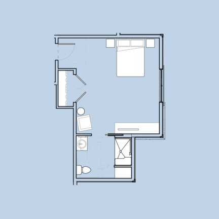 A compact apartment floor plan featuring a bedroom, bathroom, small living area with a chair, and a desk, all on a blue background.