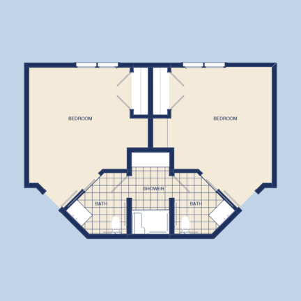 Blueprint of a floor plan featuring two bedrooms, two baths, and a central shower, with clean lines and simple layout.