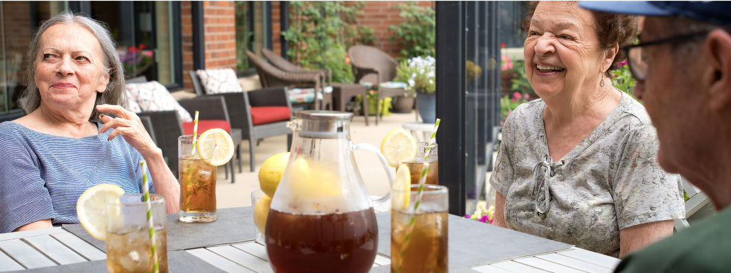 Three people enjoying iced tea with lemon slices at an outdoor patio, surrounded by comfortable seating and lush plants on a sunny day.