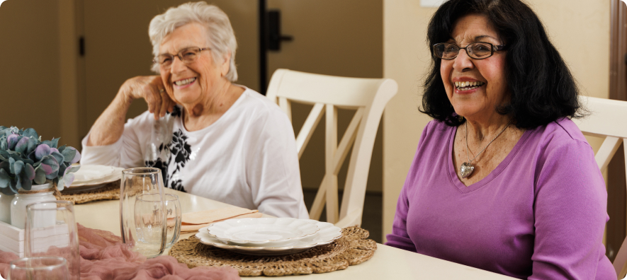 Two people sit at a dining table with plates, glasses, and a centerpiece. They wear glasses and are smiling, creating a warm atmosphere.